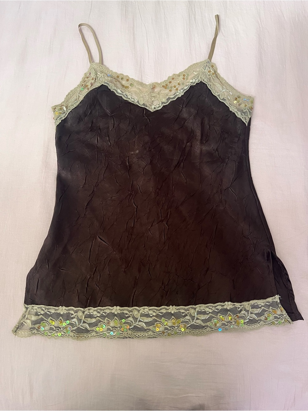No Boundaries Fairy Brown Beaded Satin Cami with Lace Trim